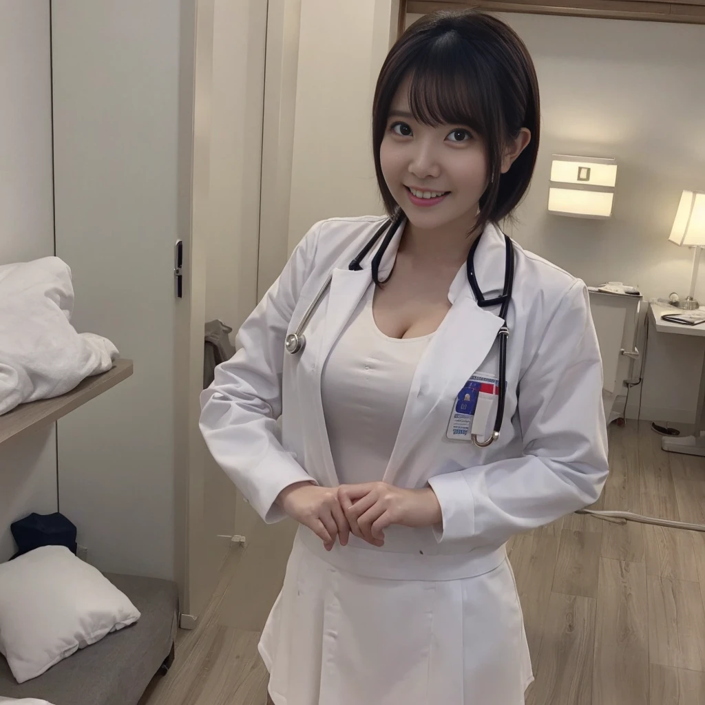 (Nurse Uniform、White nurse wear、Micro Mini Skirt、Nurse cap、Ass、Black Hair、Big Ass、Health Room)、Extremely sexy、smile、Professional Lighting、Small waist、Beautiful adult woman、Captivating thighs、Very large breasts、Cleavage、