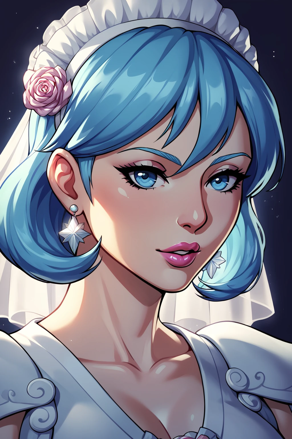 A girl with short light-blue hair, light-blue eyes. She have beautiful pink lips, she look very calm and smart. Ultra detailed, masterpiece, UHD