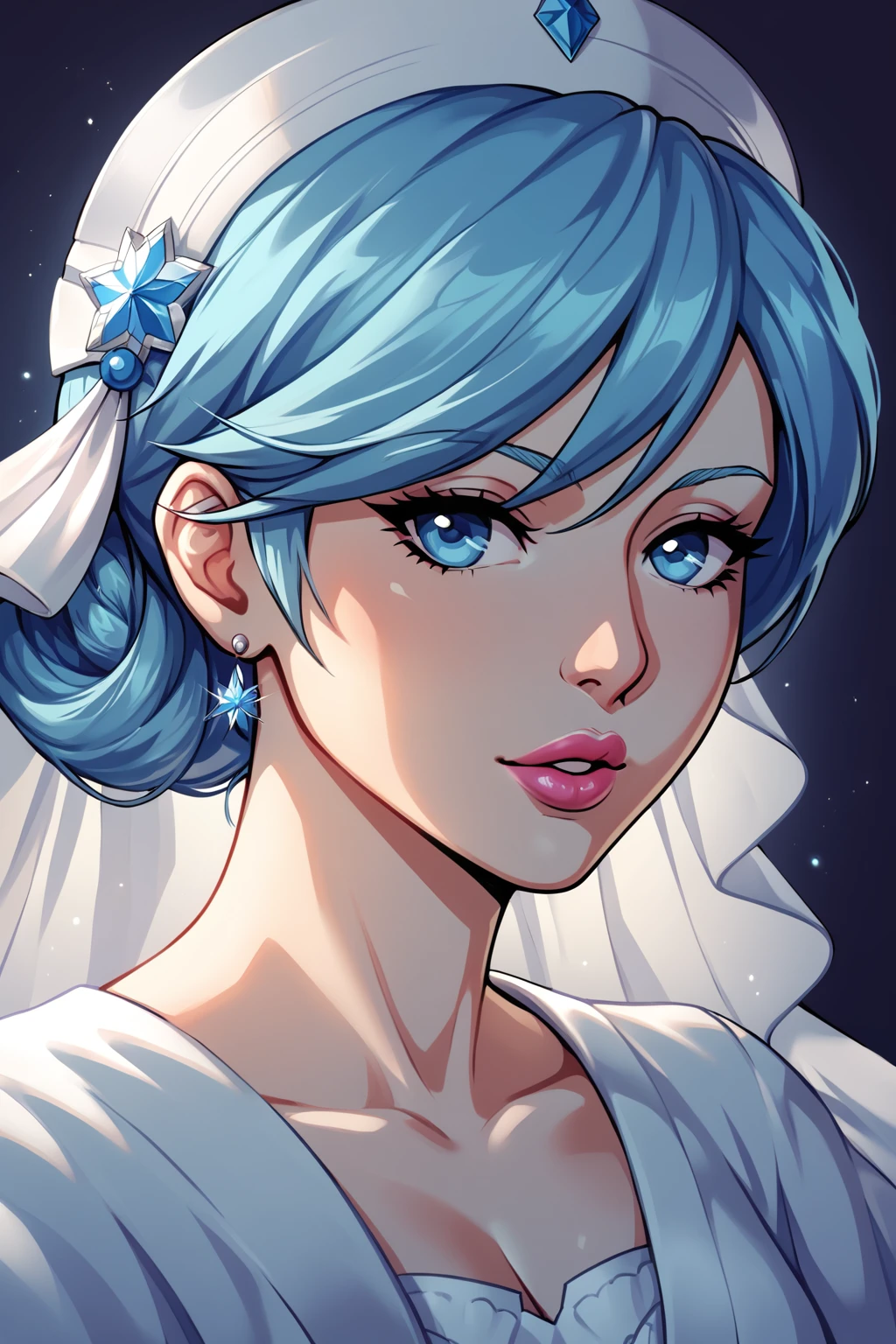 A girl with short light-blue hair, light-blue eyes. She have beautiful pink lips, she look very calm and smart. Ultra detailed, masterpiece, UHD