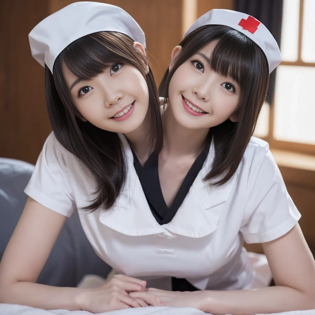 (Nurse Uniform、White nurse wear、Micro Mini Skirt、Nurse cap、Ass、Black Hair、Big Ass、Health Room)、Extremely sexy、smile、Professional Lighting、Small waist、Beautiful adult woman、Captivating thighs、Very large breasts、Cleavage、