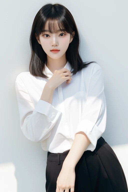 A young korean beautiful girl, 24-year-old, strikingly beautiful, black hair, delicate facial features, porcelain skin, expressive eyes, Masterpiece, premium quality, A young and pretty female teacher, holding a book and gently looking at the camera, wearing a women's shirt and black suit pants, soft fringe, (interplay of sunlight and shadows:1.3), (Pure white background:1.2) ,