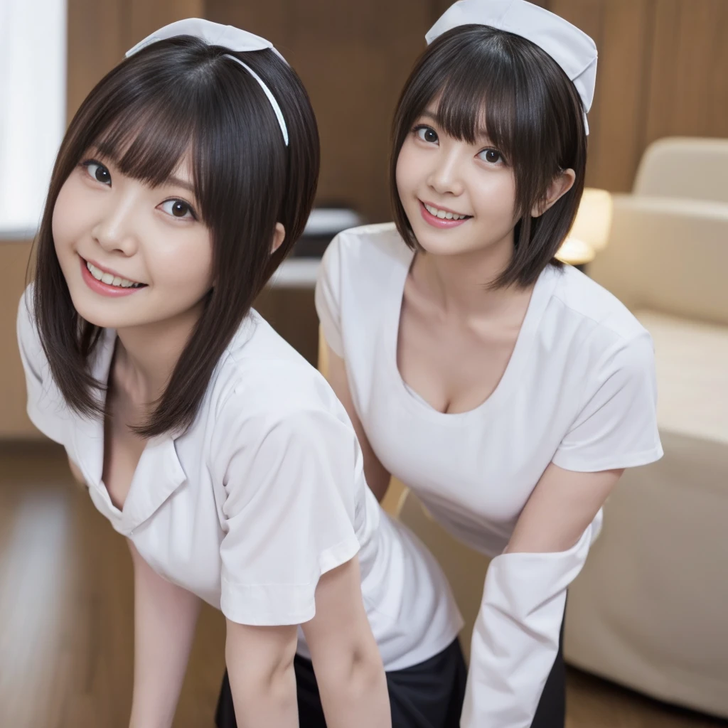 （Nurse Uniform、White nurse wear、Micro Mini Skirt、Nurse cap、Ass、Black Hair、Big Ass、Health Room）、Extremely sexy、smile、Professional Lighting、Small waist、Beautiful adult woman、Captivating thighs、Very large breasts、Cleavage、