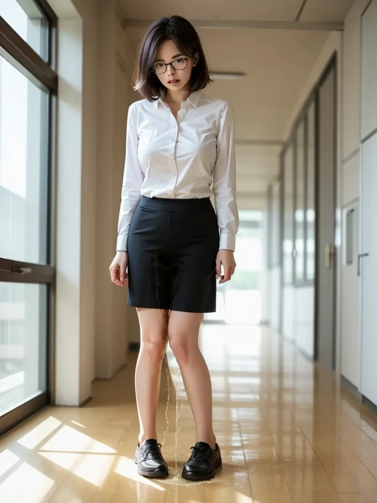 ((Realistic Light, Best Quality, 8K, Masterpiece: 1.3)), 1girl, female teacher, Slim Beauty: 1.4, (Brown hair, short hair length to shoulder, glasses, large : 1.3), wearing long sleeve white shirt(( appropriate shirt)), black pencil skirt((length skirt to the knee)), standing alone at empty school hallway, front view, medium shot, with little wonder expression, peeing self, wetting her clothes, can't hold her pee face, wetting herself desperate, pee desperation pose, her body can't hold her pee and wets herself ultra desperate in the middle of the cicty in absolute desperaton wetting herself, pee runing down her legs, standing up, hyper pee desperate face, big pee pudle