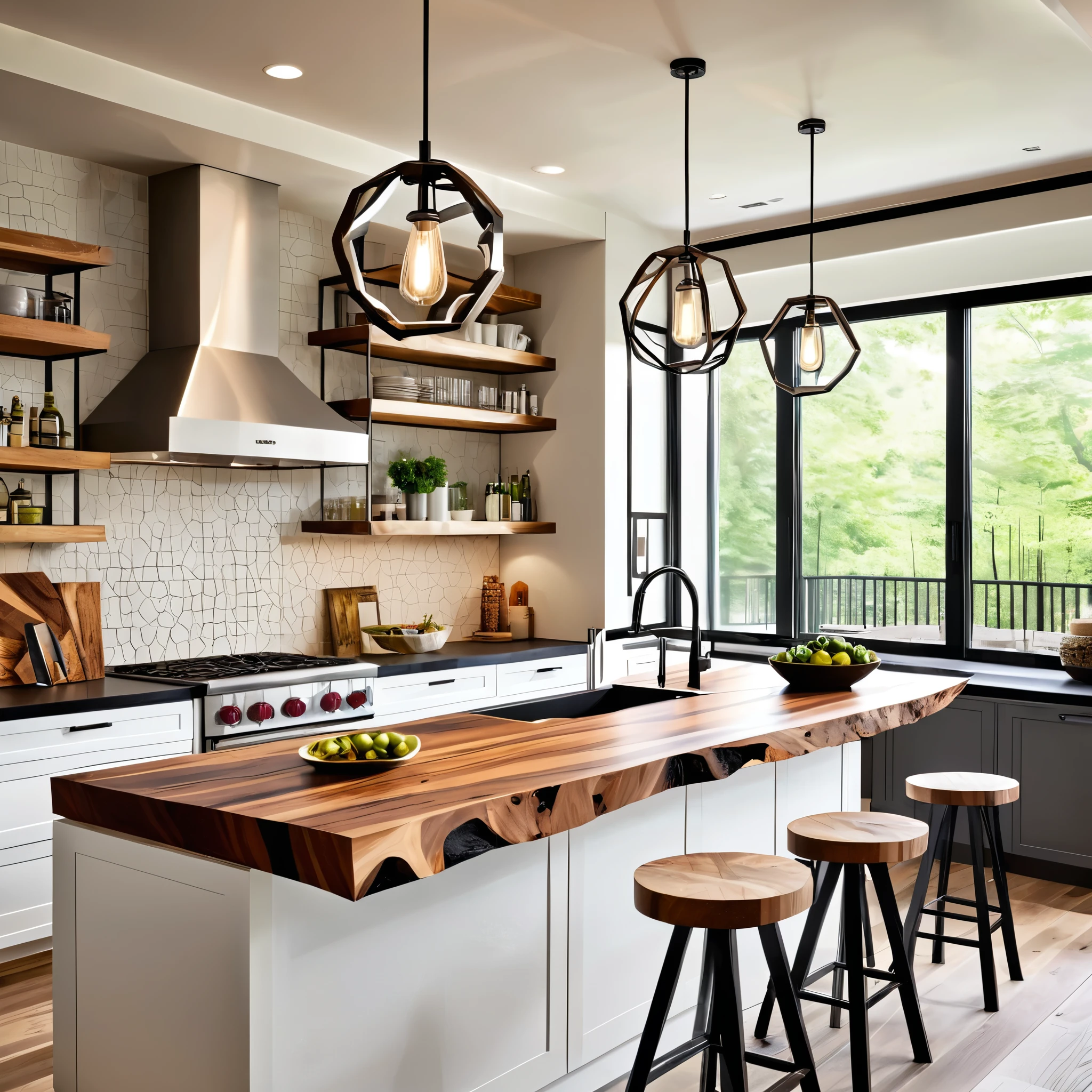 Design a modern kitchen with a rustic touch, featuring a unique live-edge wooden countertop on the island. The kitchen should have sleek white cabinets and black countertops, creating a clean and contemporary look. Include modern bar stools with geometric designs and pendant lighting above the island to add a stylish touch. The backsplash should be a light, neutral color to enhance the brightness of the space. Ensure the room has ample natural light to create an inviting atmosphere