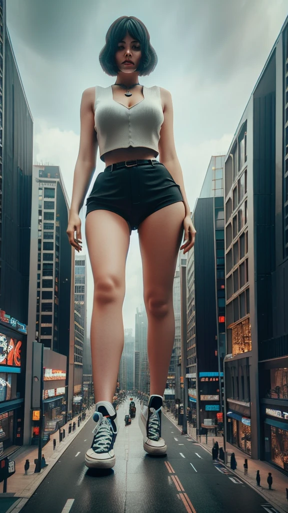 A giant woman in a lying on top of a cyberpunk city, Little guys running around the giant girl, Standing on her hand, Mac short skirt,cgsociety 9, 2. 5 d cgi fantasy art, engine rendering unreal + a goddess, full body cgsociety, artgerm ; Hyper realistic 3d content, giant art, super detailed 3d matte paintings, super detailed 3d matte paintings, realistic fantasy art, realistic 3 d anime style. Beautiful girl. Big thighs."The boy stood on the top of a high-rise building waving to the girl".People ran away in panic.