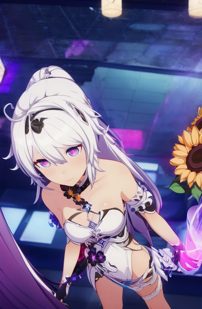 8K, ((Honkai Impact 3,houkai impact,kiana,Kiana))Highest quality, masterpiece, (ultra-detaileded:1.1), (high detaileded skin), 
A girl is DJing at a bar, night, Colorful neon lights, Cyberpunk Style, naughty face, Carnival Scene, Intoxicating atmosphere, Lost Self, Dancing crowd, bar woman, DJ activities, From above,
Ticker, Swimwear, blue eyes, bikini, Long Hair, sunflower, twin Braidings, Braiding, necklace, hair ornaments, hair band, Laughter, 
(beautiful_face), ((Complex_detailed)), clear face, 
((Are you okayly_detaileded)), Are you okay_fabric_emphasize, 
((Shiny)), full_shot