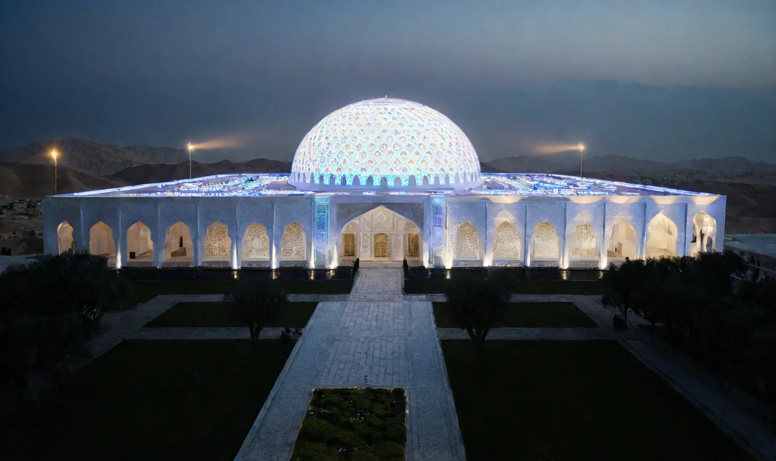 There is a helicopter in the sky，Helicopter lights shining on the dome，White building with domes and arches lit up at night, Futuristic Persian Palace, In Persian temple