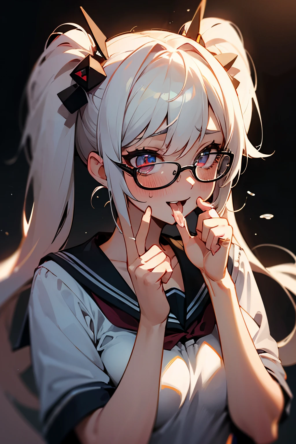 1girl, solo, female focus, long hair, glowing eyes, hair ornament, detailed, teasing, sexy, cute, masterpiece, best quality, handjob gesture, cum drippig from mouth, feallatio gesture, medium breasts, serafuku, glasses, cum on face, cum on breasts,cum, teasing, sexy, cute, blushing, twintails, tongue out, cum, cum, white hair, head to the side, cum