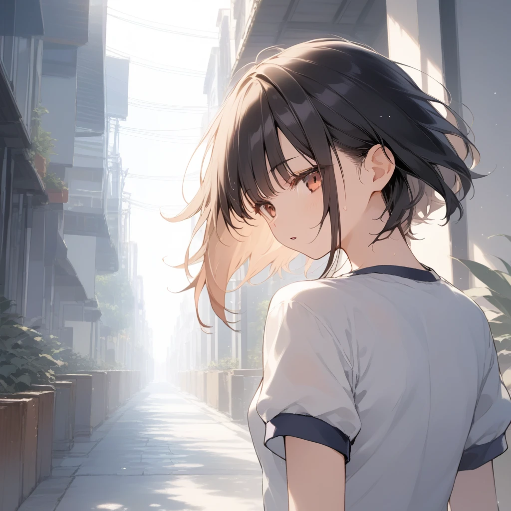 score_9, score_8_up, score_7_up, source_anime, best quality, masterpiece, official art, absurdres, highres, ultra-detailed,waifu2x,Collection: Slice of Life,break,1girl, -yeld, st hair, black hair, small breasts, beautiful detailed face, beautiful detailed eyes, well-proportioned iris and pupils, parted lips, beautiful detailed lips, gym uniform, byke shorts, sweat, expressionless, sleepily, back of school building, outdoors, wind, break,(clear line illustration:1.2),very high resolution, very aesthetic, super detailed skin, Best cinematic lighting powered by famous artist, 8k, beauty illustration,photoshop_(medium),,(Detailed Lighting),best anime 8k konachan wallpaper, pixiv contest winner,