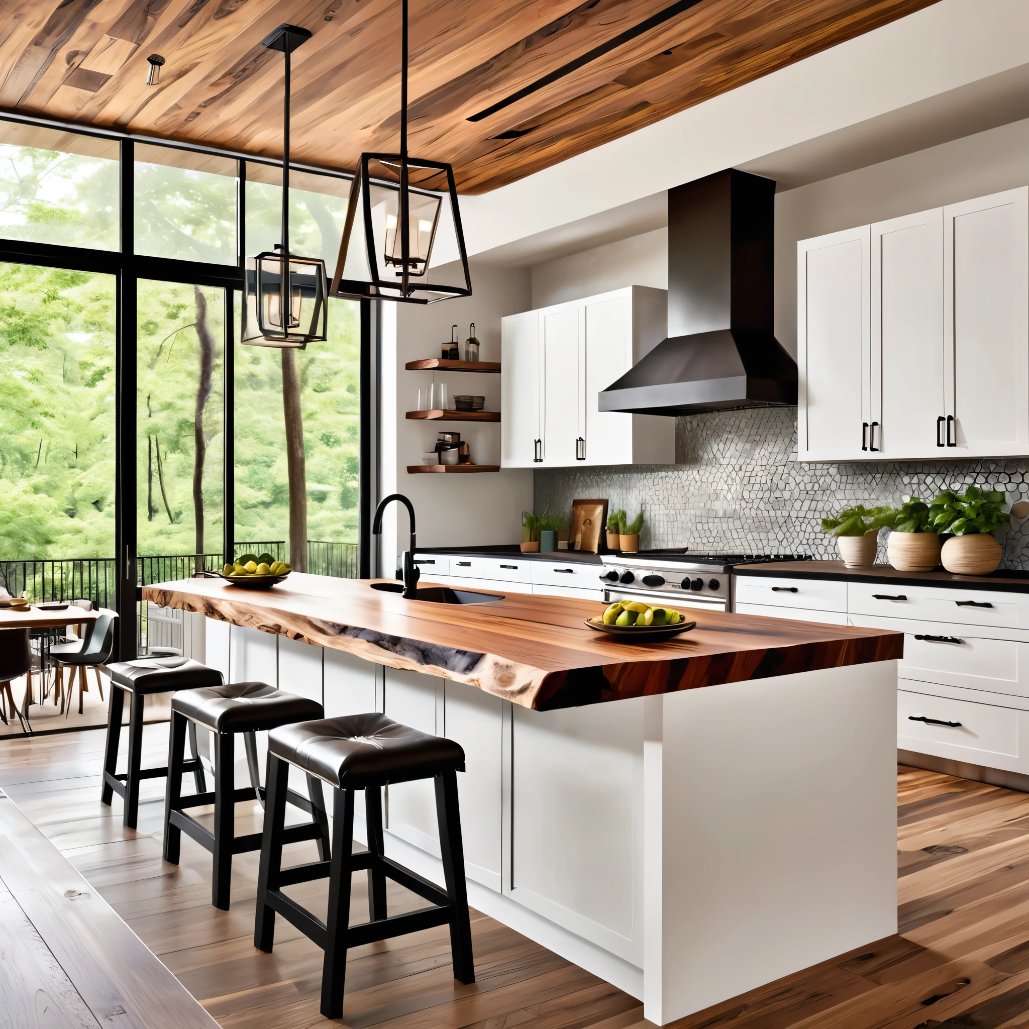 Design a modern kitchen with a rustic touch, featuring a unique live-edge wooden countertop on the island. The kitchen should have sleek white cabinets and black countertops, creating a clean and contemporary look. Include modern bar stools with geometric designs and pendant lighting above the island to add a stylish touch. The backsplash should be a light, neutral color to enhance the brightness of the space. Ensure the room has ample natural light to create an inviting atmosphere