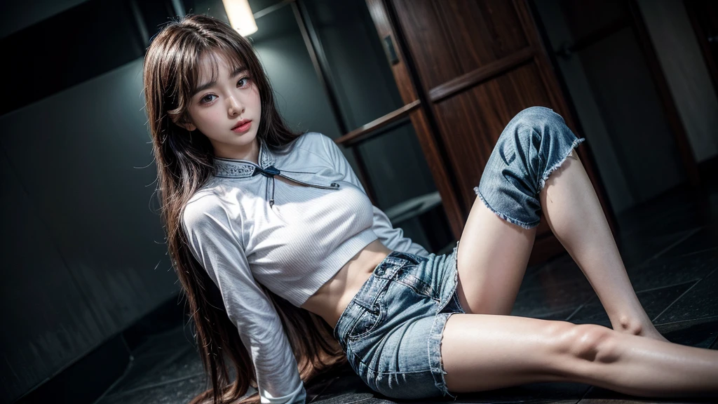 ((Best Quality, 8K, Masterpiece: 1.3)), Focus: 1.2, Wearing Emerald red Cheongsam,8k ultra high definition,masterpiece level work,RAW format photos,best picture quality,Extreme details(1.2):Realistic reproduction,Extremely detailed CG unified in 8K resolution,8K diamond-level delicacy and wallpaper-like visual impact,Have deep depth of field、Level light and shadow effect、Lens flash、Ray tracing technology(stunning beautiful face、beautiful lips、beautiful eyes),Extremely exquisite facial details(Extremely fine skin texture)——Depicts a Korean 18 years old female model,In the dark night,In deep shadow,Charming Korean girl,Like a K-pop idol(Extremely slim and tight figure:1.3),Show from the audience’s perspective,low waist denim miniskirt:1.5,Short clothing tailoring design,Night view of the city,neon signs,Beautiful Korean girl in dark night atmosphere,wearing peal stud earrings、lace pantyhose,Clear and bright blue eyes,Walking posture,Have fair skin,Look directly at the camera head-on,Big eyes are full of charm(Upper body close-up),close-up,The overall image is extremely slim、Slender and elegant,Exquisite facial features,She looks a lot like actor Kim Hee Sun, withe shirt, blue skirt, very big breasts