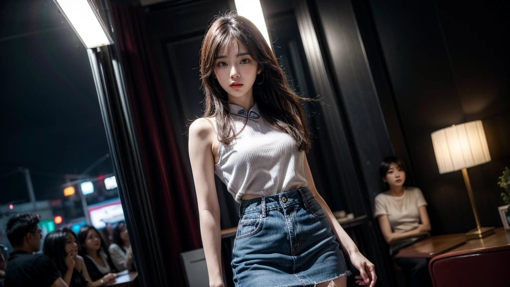 ((Best Quality, 8K, Masterpiece: 1.3)), Focus: 1.2, Wearing Emerald red Cheongsam,8k ultra high definition，masterpiece level work，RAW format photos，best picture quality，Extreme details（1.2）：Realistic reproduction，Extremely detailed CG unified in 8K resolution，8K diamond-level delicacy and wallpaper-like visual impact，Have deep depth of field、Level light and shadow effect、Lens flash、Ray tracing technology（stunning beautiful face、beautiful lips、beautiful eyes），Extremely exquisite facial details（Extremely fine skin texture）——Depicts a Korean 18 years old female model，In the dark night，In deep shadow，Charming Korean girl，Like a K-pop idol（Extremely slim and tight figure：1.3），Show from the audience’s perspective，low waist denim miniskirt:1.5，Short clothing tailoring design，Night view of the city，neon signs，Beautiful Korean girl in dark night atmosphere，wearing peal stud earrings、lace pantyhose，Clear and bright blue eyes，Walking posture，Have fair skin，Look directly at the camera head-on，Big eyes are full of charm（Upper body close-up），close-up，The overall image is extremely slim、Slender and elegant，Exquisite facial features，She looks a lot like actor Kim Hee Sun, withe shirt, blue skirt, amazing very big breasts