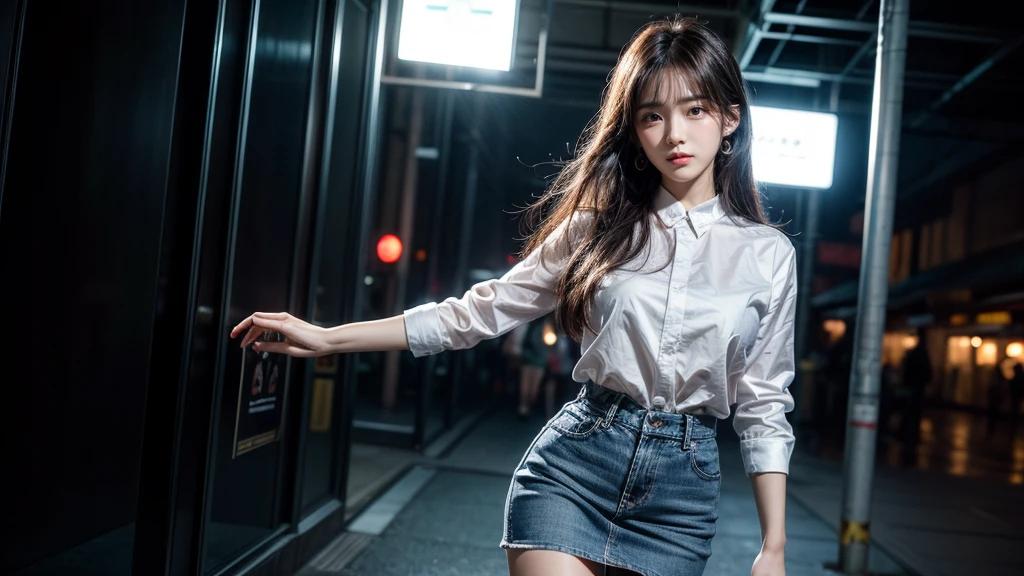 ((Best Quality, 8K, Masterpiece: 1.3)), Focus: 1.2, Wearing Emerald red Cheongsam,8k ultra high definition，masterpiece level work，RAW format photos，best picture quality，Extreme details（1.2）：Realistic reproduction，Extremely detailed CG unified in 8K resolution，8K diamond-level delicacy and wallpaper-like visual impact，Have deep depth of field、Level light and shadow effect、Lens flash、Ray tracing technology（stunning beautiful face、beautiful lips、beautiful eyes），Extremely exquisite facial details（Extremely fine skin texture）——Depicts a Korean 18 years old female model，In the dark night，In deep shadow，Charming Korean girl，Like a K-pop idol（Extremely slim and tight figure：1.3），Show from the audience’s perspective，low waist denim miniskirt:1.5，Short clothing tailoring design，Night view of the city，neon signs，Beautiful Korean girl in dark night atmosphere，wearing peal stud earrings、lace pantyhose，Clear and bright blue eyes，Walking posture，Have fair skin，Look directly at the camera head-on，Big eyes are full of charm（Upper body close-up），close-up，The overall image is extremely slim、Slender and elegant，Exquisite facial features，She looks a lot like actor Kim Hee Sun, withe shirt, blue skirt, very big breasts