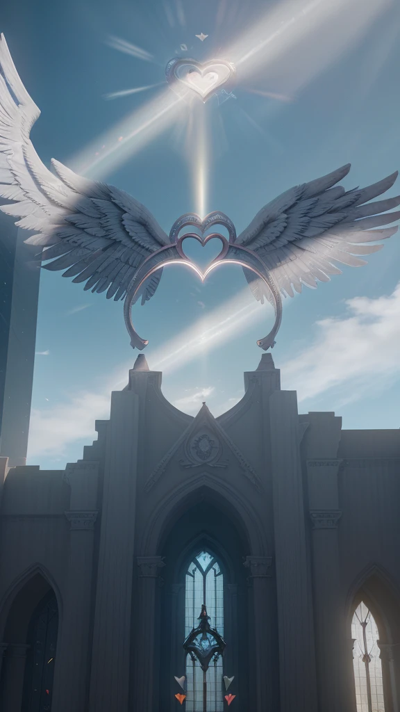 a heart with wings and a halo depicted in a building setting with a sky background. ., 32k, UHD, cinematic chromatic, cinematic lighting, global illumination, chromatic light, photorealistic, ultra detailed, iluminación onírica, photorealistic , ultra photoreal