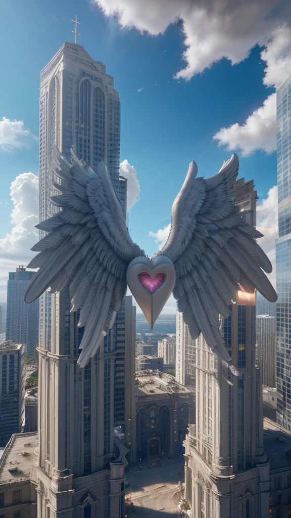 a heart with wings and a halo depicted in a building setting with a sky background. ., 32k, UHD, cinematic chromatic, cinematic lighting, global illumination, chromatic light, photorealistic, ultra detailed, iluminación onírica, photorealistic , ultra photoreal