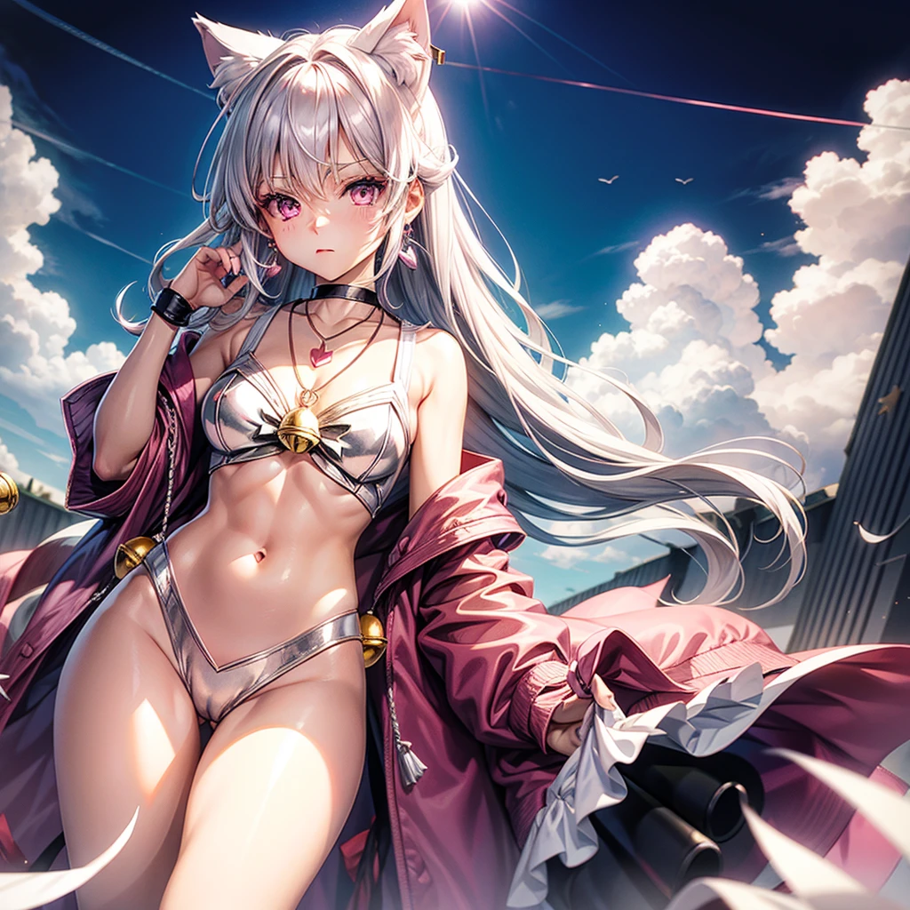 Silver hair, pink eyes, body, cat ears, sexy girl, earrings, cloud and sun background, hair bows, sailor scout, pink red, bell necklace 