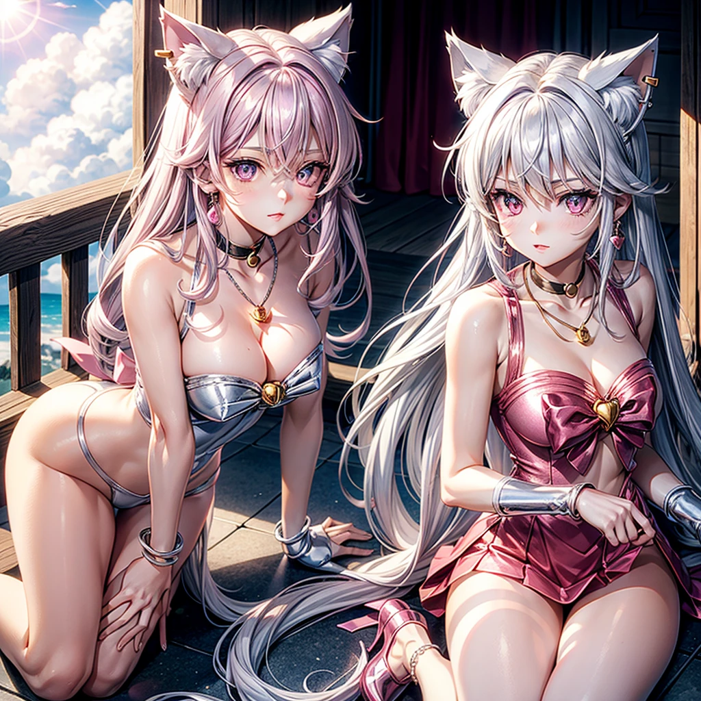 Silver hair, pink eyes, body, cat ears, sexy girl, earrings, cloud and sun background, hair bows, sailor scout, pink red, bell necklace
