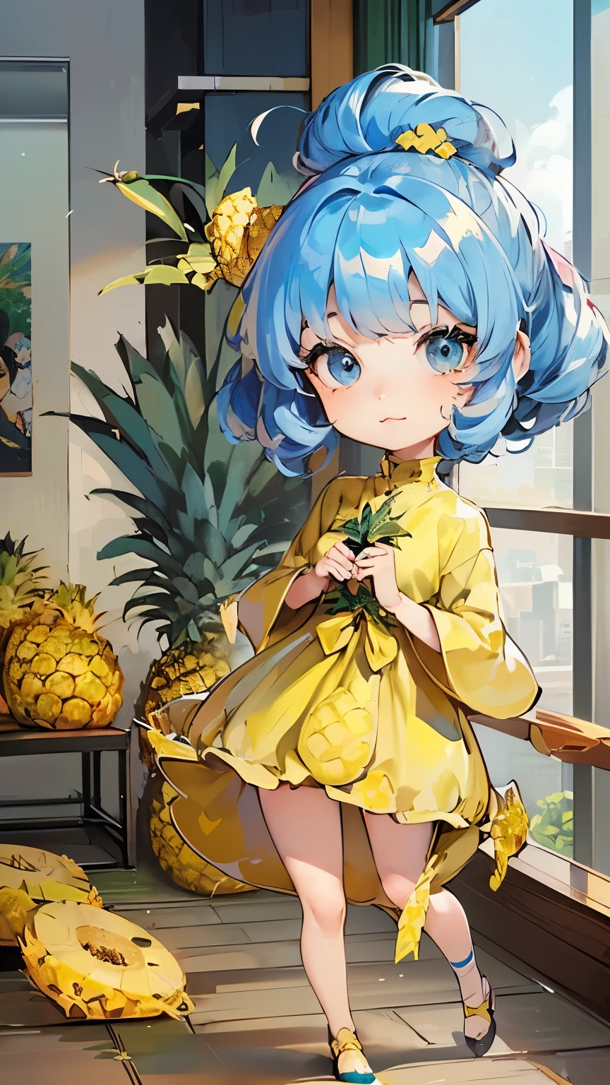 ((style:Colored pencil,pale colour)),(Chibi animation、One Chibi、masterpiece、Colored pencilで描かれた:1.2)、(Chibi Body、Small face、Cute all over、Light blue hair color, Short chignon hair:1.4),(Highly detailed eyes、Light blue eyes、Breast enlargement、Gloss Lip、 :3, Ahoge, Very thin legs)、(Big fresh pineapple:1.5)、(The daily life of the nobility、The best clothes for chibi characters、National costume、Dress stylishly:1.5),(Beautiful scenery in Europe、The wind is blowing、Pineapple Tower Top Floor Room、Pineapple scene、Micro underwear accidentally seen:1.3)