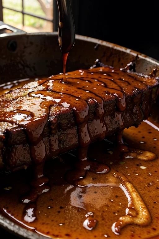 [Shot of the sauce being poured slowly over a rack of ribs, the sauce glistening in the sunlight.]