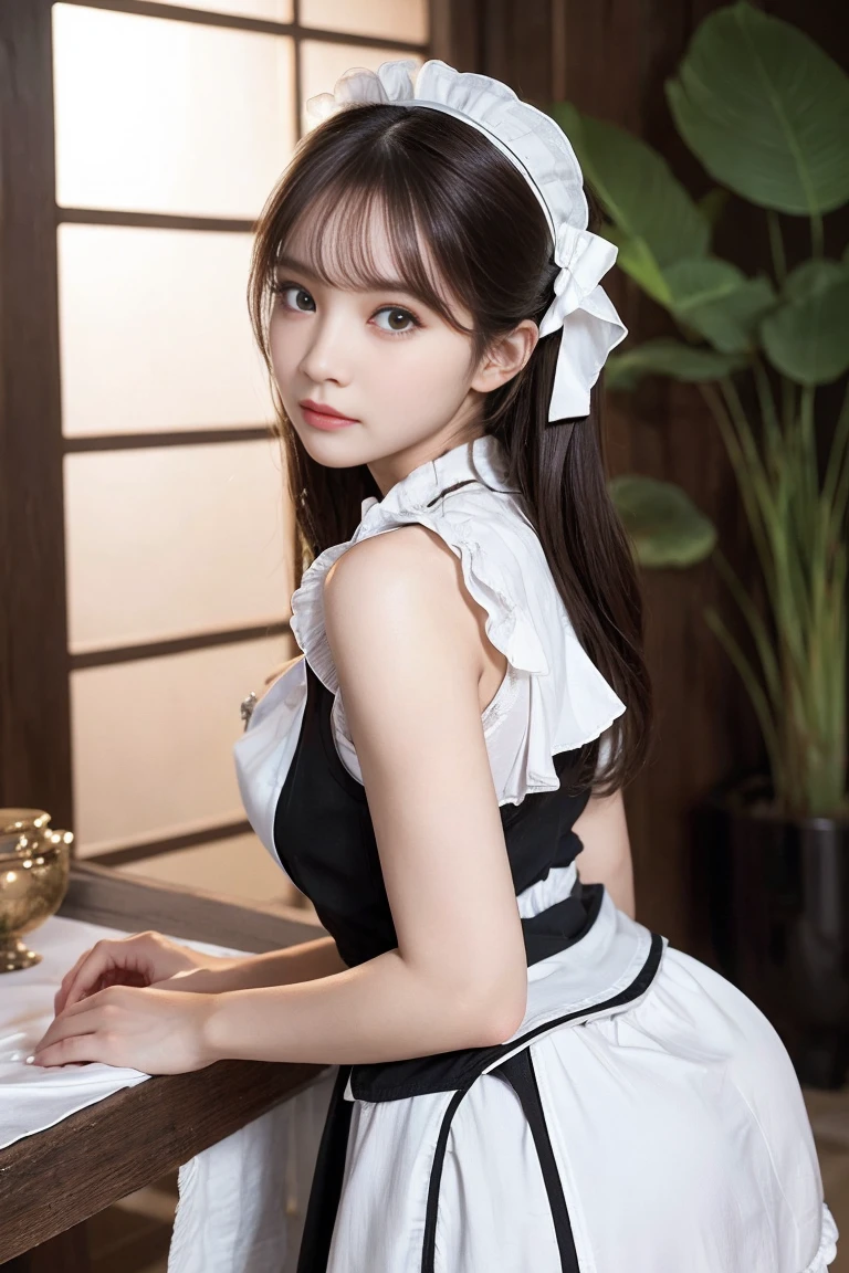 (Masterpiece: 1.3)、High resolution、Super detailed、Highly detailed CG Unity 8k wallpaper、Real、Photorealistic、RAW Photos、Beautiful detailed face、White skin、Realな輝く肌、Detailed Fabric Texture、Detailed Hair Texture、Perfect body、Beautiful Face、correct、解剖学的にcorrect、Highly detailed face and skin texture、Natural neck length、（Beautiful Hands）、（Fair skin：1.2）、Thin legs、Thin legs、BREAK、Detailed and beautiful eyes、Symmetrical eyes、Light brown eyes、double eyelid、Thin eyebrows、（Beautiful and elaborate face，Beautiful and delicate eyes((Detailed maid clothes in black and white:1.2), (large and impressive eyes, Long eyelashes), (Make eye contact with your audience:1.2), Are standing,The skirt flips up and the underwear is visible, White garter belt, Her white panties are in full view, Small Ass, Long and beautiful legs,Big Breasts, (Photographed at the palace, The palace is very bright and luxurious..), Seaweed((Show me your)), ((Stick your butt out)),
