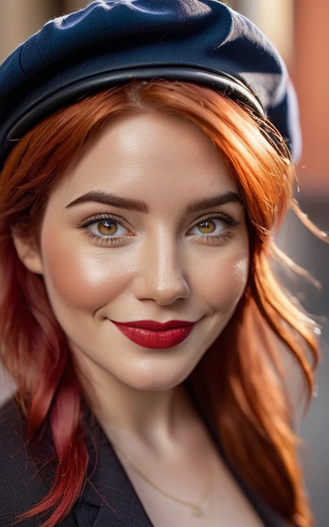 asymmetrical hair, hair over shoulder, messy hair, medium hair, red hair, beret, wide eyes, glowing eyes, hazel colored eyes, smile, light smile, plus size, cinematic lighting, social media composition, close-up, Eye-Level Shot, Sony FE, anatomically correct, super detail, award winning, 4K