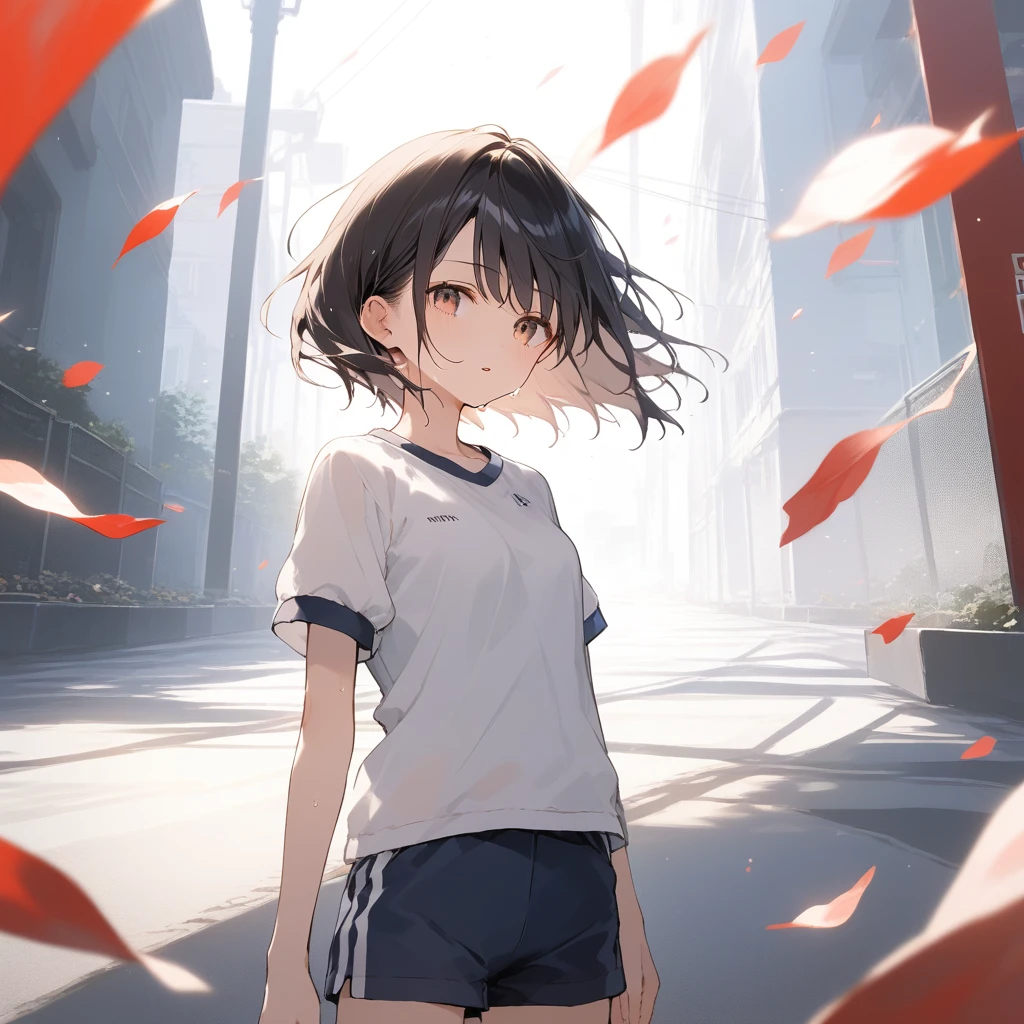 score_9, score_8_up, score_7_up, source_anime, best quality, masterpiece, official art, absurdres, highres, ultra-detailed,waifu2x,Collection: Slice of Life,break,1girl, -yeld, st hair, black hair, small breasts, beautiful detailed face, beautiful detailed eyes, well-proportioned iris and pupils, parted lips, beautiful detailed lips, gym uniform, byke shorts, sweat, expressionless, sleepily, School ground, outdoors, wind, break,(clear line illustration:1.2),very high resolution, very aesthetic, super detailed skin, Best cinematic lighting powered by famous artist, 8k, beauty illustration,photoshop_(medium),,(Detailed Lighting),best anime 8k konachan wallpaper, pixiv contest winner,