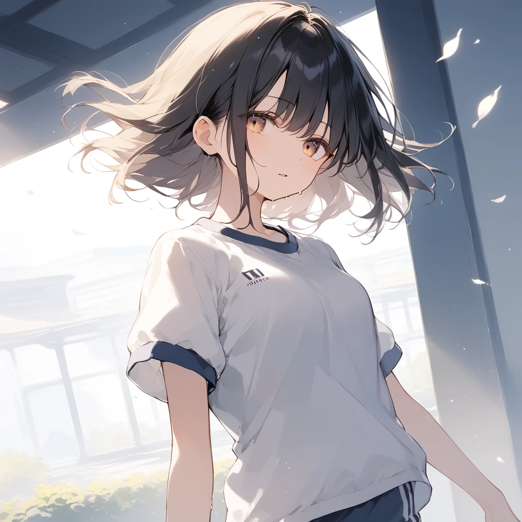 score_9, score_8_up, score_7_up, source_anime, best quality, masterpiece, official art, absurdres, highres, ultra-detailed,waifu2x,Collection: Slice of Life,break,1girl, 15-year-old, short hair, black hair, small breasts, beautiful detailed face, beautiful detailed eyes, well-proportioned iris and pupils, parted lips, beautiful detailed lips, gym uniform, byke shorts, sweat, expressionless, sleepily, School ground, outdoors, wind, break,(clear line illustration:1.2),very high resolution, very aesthetic, super detailed skin, Best cinematic lighting powered by famous artist, 8k, beauty illustration,photoshop_(medium),,(Detailed Lighting),best anime 8k konachan wallpaper, pixiv contest winner,