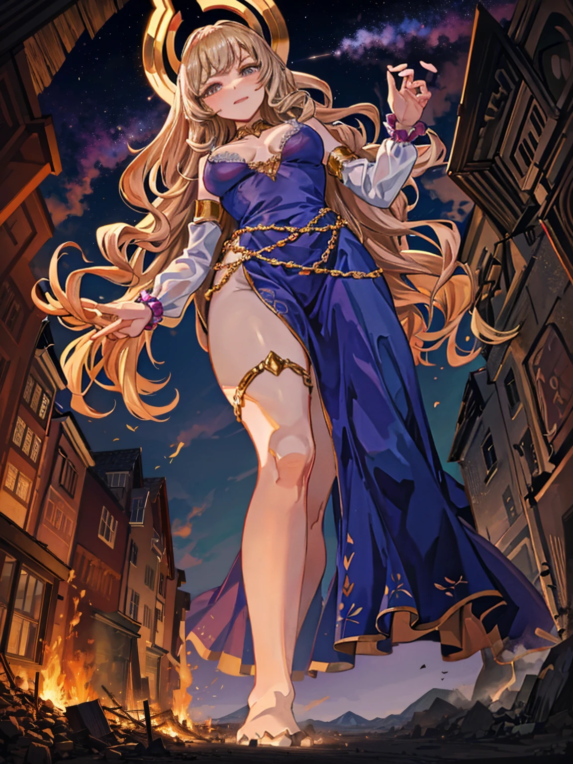 A majestic giantess, in a regal purple gown, with long blonde hair and radiant blue eyes, strides through a floating sky city. Her powerful legs crush floating platforms and airships underfoot. She gazes down at the tiny people below with a look of condescending amusement, her voice echoing with divine authority. Her voluptuous figure exudes an air of majestic dominance and ethereal sensuality, every movement causing the sky to tremble. Giantess, Goddess, sexy legs, heels, hot, curvy body, mommy issues, small town, small people, tiny people, macrophilia, perspective from below, high quality, almost naked, mature woman, sky city.

