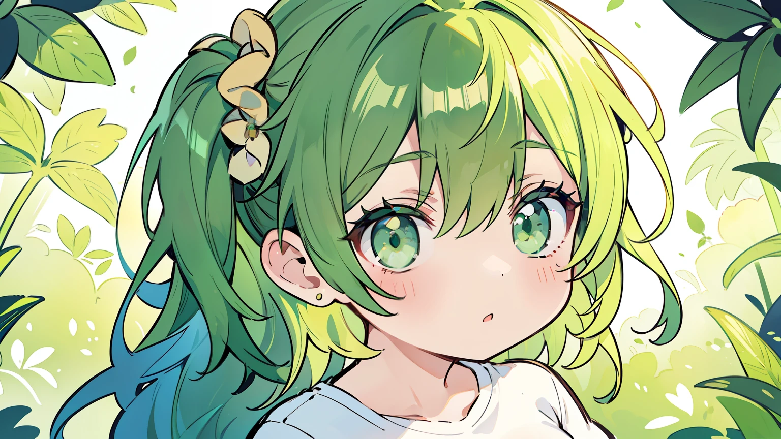 masterpiece, beautiful detailed, {Oversized T-shirt}, green theme, green Eyes, green hair, one side up, 1girl, looking at viewer, looking ahead, from above, medium breasts, hair scrunchie, {{{{{Alphonse Mucha}}}}},{{{bold outline}}}, limited palette
