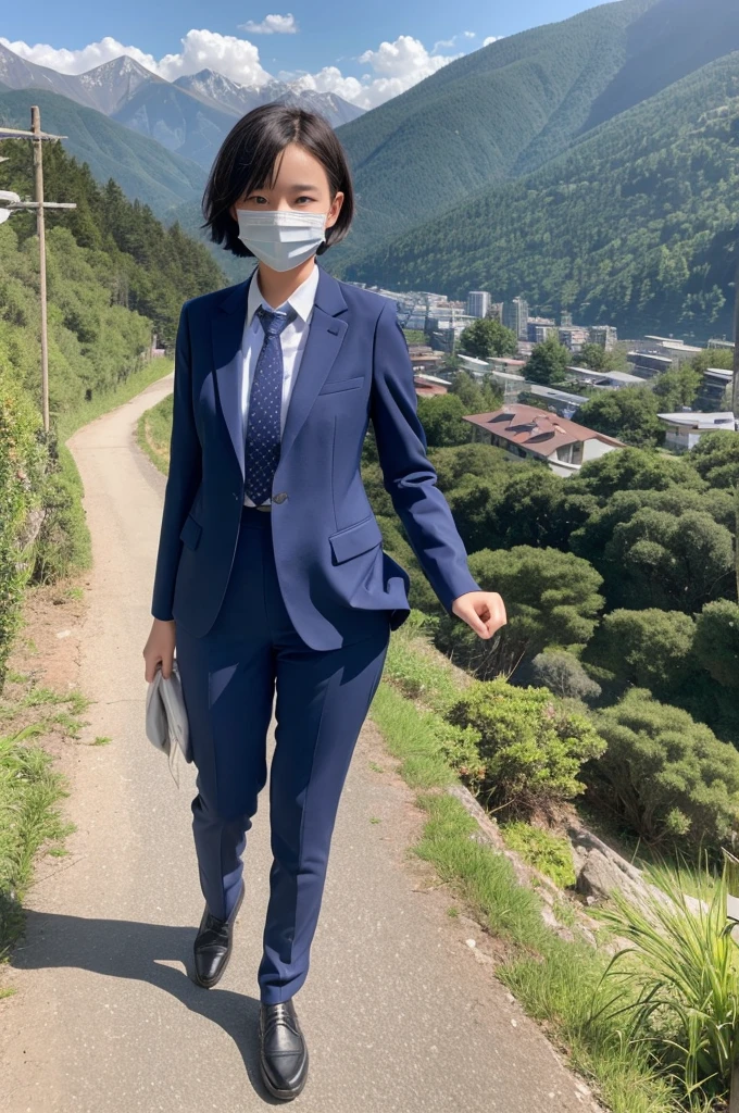 Female junior high school student president、pants suit、short hair、Deep in the mountains、Wearing a mask