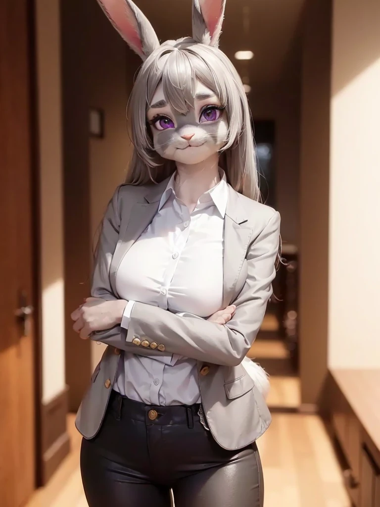 best quality,
masterpiece,
hyper Realistic,
ultra-detailed,
beautiful detailed,
4K，8K，High level,
PIXAR,
Photo real,
medium shot,
Looking at the audience upside,
background in green office,
Realistic lighting,

((anthropomorphic rabbit)),
detailed animals,
Complex patterns,
(furry:1.35),
(Whole skin is gray:1.35),
(body is fluffy and bushy:1.35),
Realistic fur,

((human hands)),

(Face is JudyHopps:1.35),
((medium straight hair)),
dark brown heir,
((sidepart bangs)), bangs,
purple eyes,
{highlight on eyes, crisp eyes, sparkle in the eyes, round big pupils},
detailed iris, 
(rised eyebrows:1.2),
(Crescent Brows:1.3),
(rabbit ears:1.1),
Smile,
Big Smile,
Innocent smile,
raised corners of mouth,

office lady is wearing suit,
((White silk blouse)) BREAK ((Black blazer)) BREAK ((Black pants)),
((blouse, シャツ, ワイシャツ)), 
clothes made of wool,

(solo:1.5),
(1 lady:1.5),
one character only
alone,
Perfect Anatomy,

lighting forward,
lighting front,
ambient light,
natural light,
daylight white,
intricate details, 
ray tracing, 
photorealistic, 