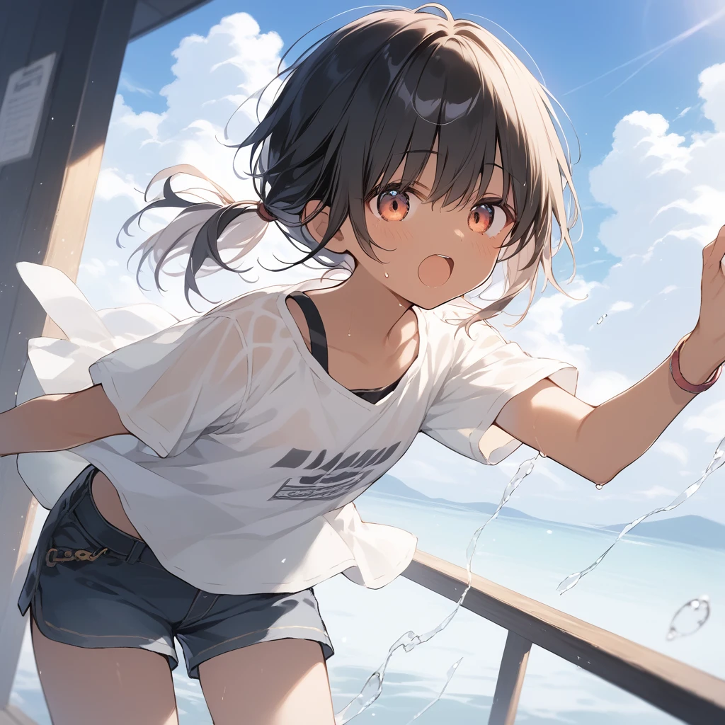 score_9, score_8_up, score_7_up, source_anime, best quality, masterpiece, official art, absurdres, highres, ultra-detailed,waifu2x,Collection: Slice of Life,break,1girl, tomboy, dark-skinned female, short hair, low ponytail, flat chest, beautiful detailed eyes, short shorts, sweat, open mouth, (yawn:0.3), sleepily, outdoors, wind,break,(clear line illustration:1.2), super detailed skin,very high resolution, very aesthetic, Best sexual lighting powered by famous artist, 8k,cute picture,beauty illustration,photoshop_(medium),,(Detailed Lighting),best anime 8k konachan wallpaper, pixiv contest winner,