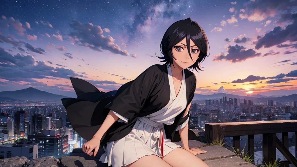 rukia from bleach full body protrat sitting on a hill watching over a tokyo at night turning here face to look at u wile smiling