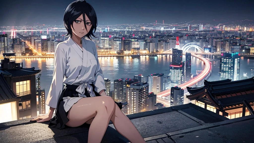 rukia from bleach full body protrat sitting on a hill watching over a tokyo at night turning here face to look at u wile smiling