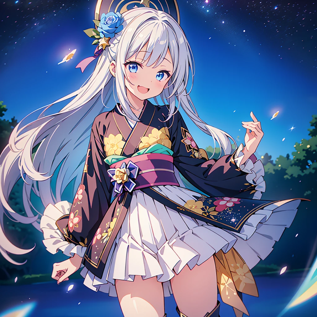 1GIRL,Star Fairy、(masterpiece, Highest quality), One girl, 「Beautifully printed galaxy patterned kimono and gothic lolita outfits.、Space Pattern Ruffle Box Pleated tand in front of the audience、Knee-high boots、Captivating eyes、Perfect and amazing face、Exquisite detail、Clear images、Highest quality。」Milky white and blue gradient long straight hair、smile、Laughing happily、