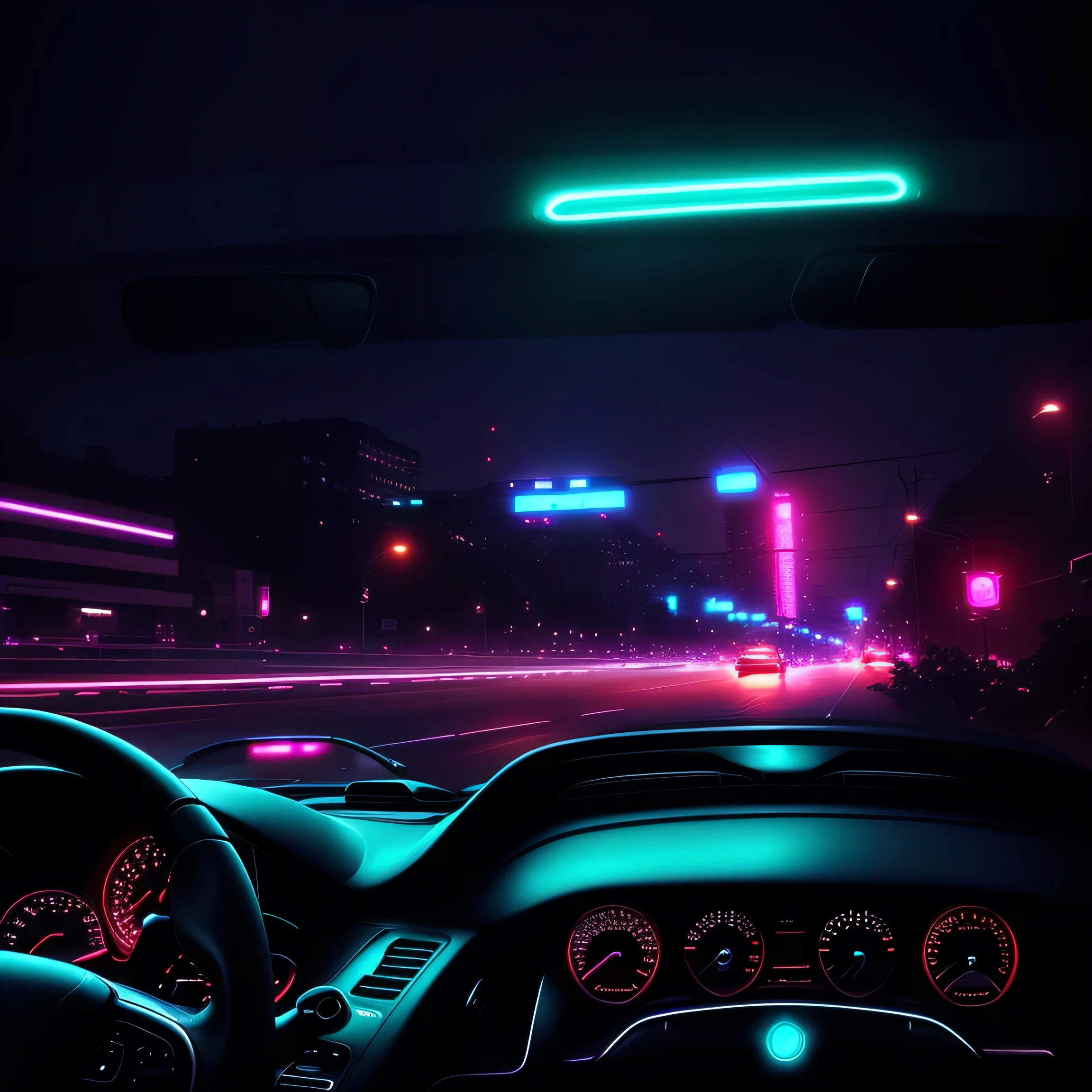Alafed view of car driving on city street at night, neon Ambient Lighting, Inside the car, mysterious Ambient Lighting, Subtle neon lighting, Ambient Light, Headlights glow with neon lights, Car Lights, bright Ambient Lighting, Ambient Lighting at night, detailed Ambient Lighting, Ambient Lighting, gurney with Ambient Lighting, Red neon lights in it