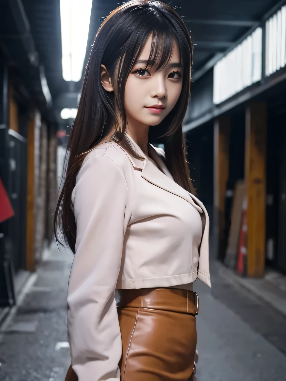 (1girl:1.3), Masterpiece, Best quality, amazing beauty, 4K, absurdres, finely detail, super detailed eye, perfect anatomy, official art, cinematic lighting, BREAK, Club, silky medium hair, black hair, super shiny detailed brown eyes, tsurime, facing this way, just a little smile, BREAK , usually, slim, white skin, Are standing, full body, BREAK , (Jacket:1.2), (Pencil skirt:1.2), BREAK,()