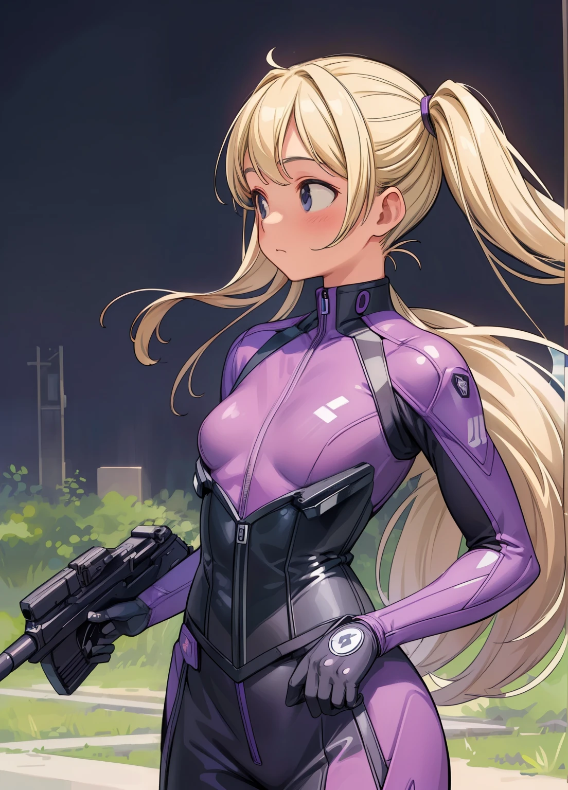 (masterpiece、Highest quality、Highest quality、Official Art、Beautiful and beautiful:1.2)、(One girl:1.3)Hatsune Miku、Twin tails,Beautiful breasts,Lisa Blackpink, (Highest quality, Ultra-high resolution, Realistic: 1.4), (Cowboy Shot:1), 1 beautiful girl, Detailed face, (Hair style gradient: blonde:0.ilver:0.4, Full van, Long Bob Style:1), Combat pose, Contrasting, Perfect Anatomy, Smooth Skin, Professional Lighting, (Wearing color:purple、black、Silver),((Wearing a futuristic police racing suit, Long skirt, Police emblem, High-tech headsets, Military Gun Corset, Racing Gloves, machine gun)), (布地の色は赤・Silver・purple・blackを基調としています), (background, Back Storage), Very long hair brown. whole body, please sit down, background street japan city, walking