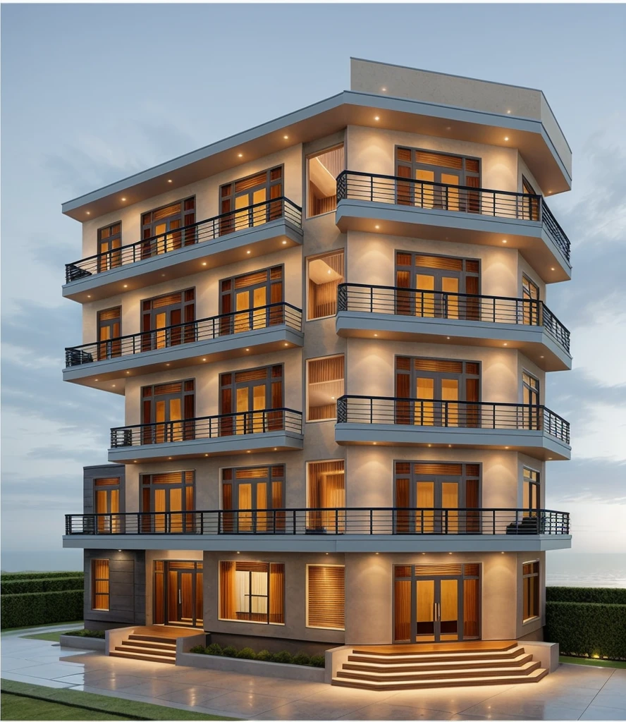 1 modern townhouse, the main materials of the house in terms of wall color: 1.2 glass panels: 1.1 and stone: 1.2, 1 large yard, 1 path in front of the house, (Raw, Real photos, best quality, masterpiece effects:1.2), modern and minimalist look, a road in front of the house, dynamic lighting:1.3, (hyper Realistic, photo-Realistic:1.2), high quality, (dark lighting:1.2), perfect lighting great, Archdaily, there are people, there are cars