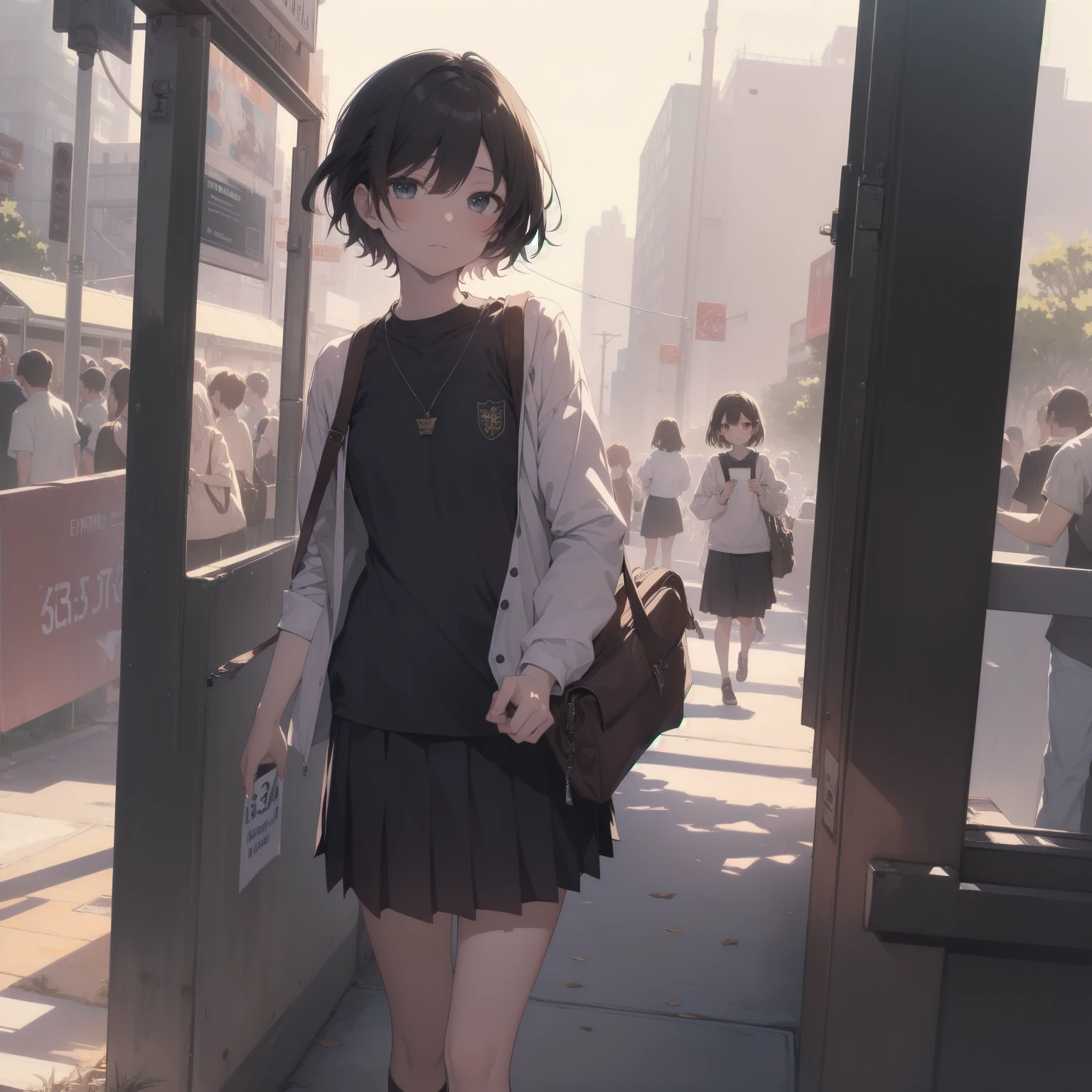 ultra-absurdres-Top quality by artist God, ultra-detailed, high resolution, anime moe artstyle, best anime 8k konachan wallpaper, pixiv contest winner, pool:2810, perfect anatomy,break, 1girl, (Please draw a girl walking sleepily to school alone. )break,(Solo,little female, 13-year-old:1.3),Full limbs, complete fingers,a junior high school student, (very short hair), short cut, flat chest, , small butt, small black eyes, beautiful detailed eyes, well-proportioned iris and pupils, expressive eyes, highres detailed hair, soft expression, salor school_uniform, sailor collar, serahuku, bow, pleated skirt,(Detailed Lighting), (Detailed background), in the School commute route. break,super detailed skin, Best cinematic lighting powered by famous artist, 8k,beauty illustration,photoshop_(medium),very aesthetic,break,((artist:saiguchi_otoufu )), artist:clamp ,artist:carnelian ,artist:kantoku ,
