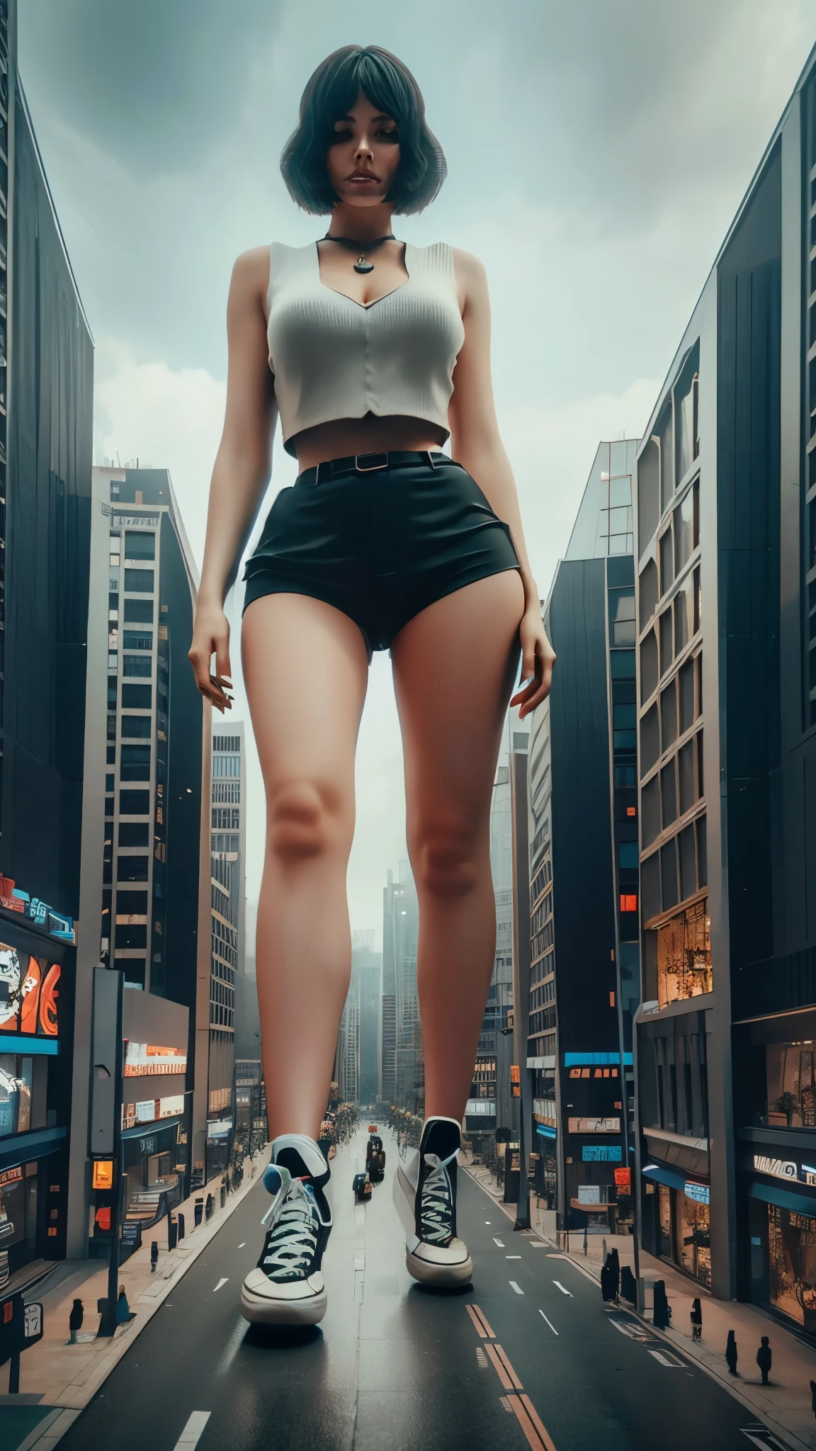 A giant woman in a lying on top of a cyberpunk city, Little guys running around the giant girl, Standing on her hand, Mac short skirt,cgsociety 9, 2. 5 d cgi fantasy art, engine rendering unreal + a goddess, full body cgsociety, artgerm ; Hyper realistic 3d content, giant art, super detailed 3d matte paintings, super detailed 3d matte paintings, realistic fantasy art, realistic 3 d anime style. Beautiful girl. Big thighs."The boy stood on the top of a high-rise building waving to the girl".People ran away in panic.