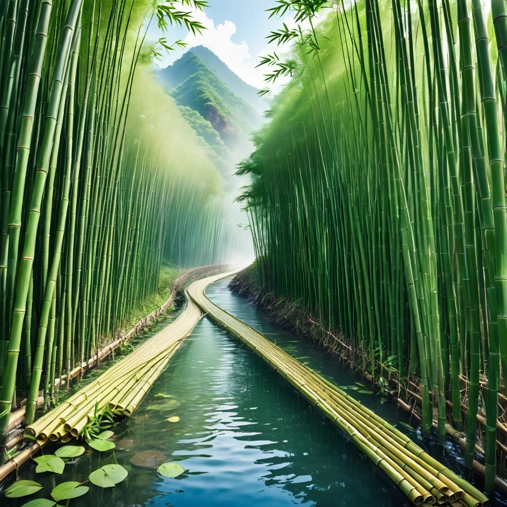 Bamboo split in half and joined together、The bamboo links are supported so that they float above the ground.、The bamboo is arranged in a straight line from the top of the mountain to the base.、Water flows through the interconnected bamboo、Noodles flow through the bamboo joints