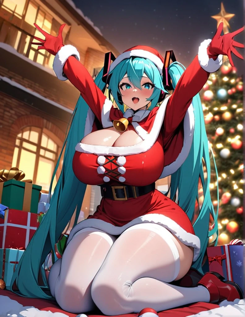 hatsune_miku, 1girl,solo,red bow, aqua eyes, white thigh highs, fur trim, bell, gigantic huge breasts,aqua hair, capelet, short dress, red dress, outstretched arms, house background, red footwear, christmas,red gloves, santa costume, white pantyhose, gift box, long hair, christmas tree, red capelet, merry christmas, santa dress,very near,lascivious,Females in heat,lecherous look,