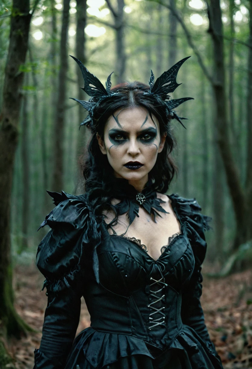 Dark Fairy, uhd photorealisitc authentic psychotic angry wearing Dark fantasy outfit and intricate gothic makeup, do something dark magic in the Wood, intricate details, creepy atmosphere, frightening surroundings, correct details, Dramatic light, Portrait, Beautiful, Cinematic, Masterpiece, half body portrait, dramatic shadow evocative analog film noise, half body portrait, cinematic, movie still, captured in the style of Sony Alpha A7 III camera