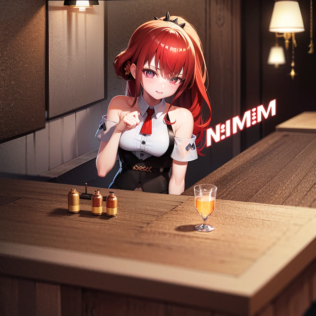 liquor, Woman sitting at a bar drinking a cocktail, 背景の棚には多彩な色のliquor瓶が並んでいる, Quiet bar, Calm expression, Perfect hands, elder, Red Hair, The dignity of a 50-year-old, ほろ酔いのwoman, solo、(Highly detailed background:1.0)、(Highly detailed background:1.0)、masterpiece、Highest quality、(Babes)、Fractal Art、Red eyes、Narrow eyes、Black and red dress, Reddish lips、From the shoulders up、smile、One Woman、Red long ponytail, Curly Hair, Red eyes,Golden accessories, solo, Big Breasts, woman, Take-out, Provocative laughter,40 year old woman,Queen of Sadism, Highly detailed background, Perfect Human Medicine, Sweat,