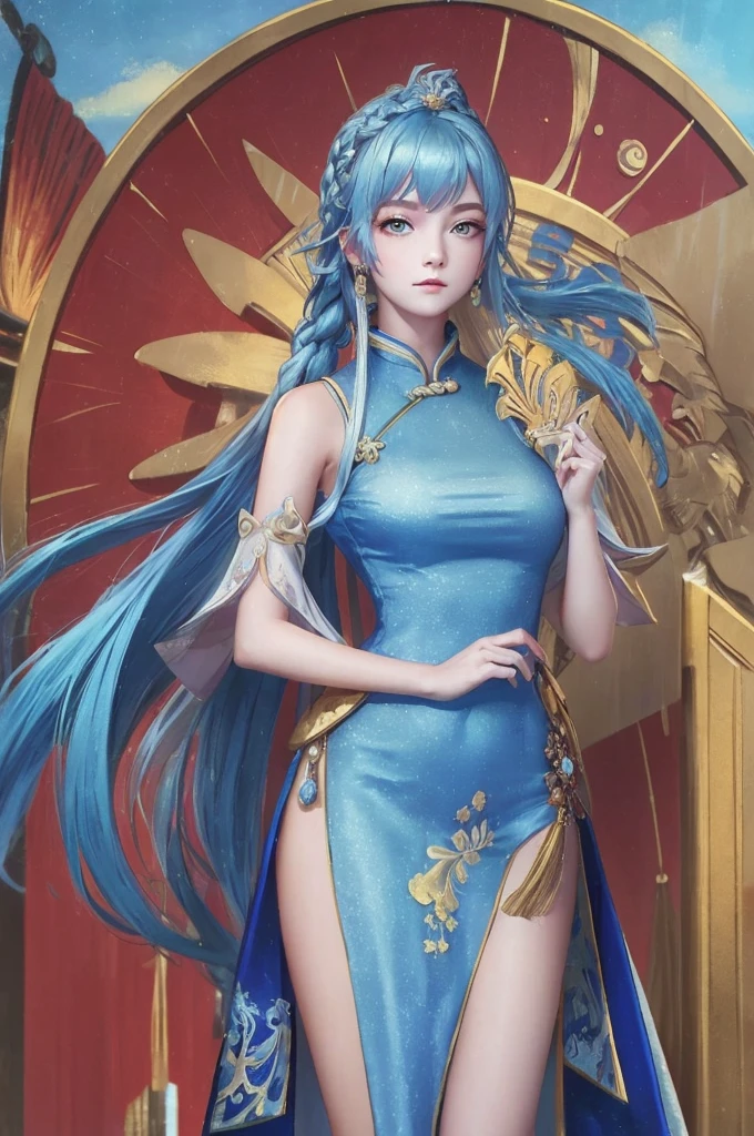 1girl, solo, long hair, looking at viewer, hair ornament, (big breasts and exposed breasts), dress, bare shoulders, closed mouth, blue hair, yellow eyes, braid, artist name, a slim navel, blue dress, chinese clothes, china dress, light blue hair,, Jordyn Huitema, (masterpiece,best quality:1.5), (masterpiece,best quality:1.5), Chinese imperial palace, feudal China, stand upright and relax both arms, full body, wooden castle, lake, (lantern), sparkling, (masterpiece,best quality:1.5), (masterpiece,best quality:1.5)