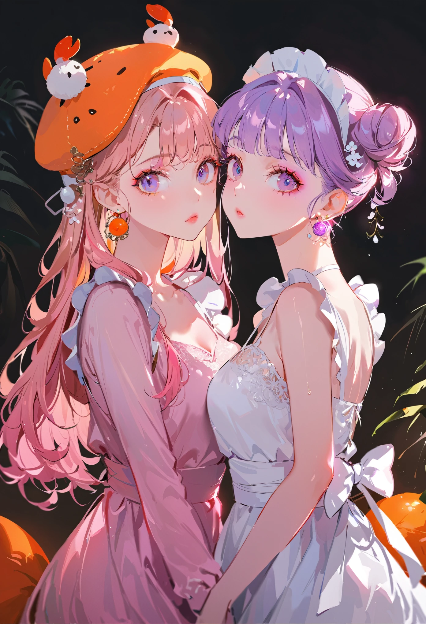 (Maid:1.5),(最高quality,Super detailed,High resolution:1.2),Purple hair girl painting、Glass mandarin orange earrings decorate both ears、One of them has ocean pink purple eyes、One of them has ocean pink red eyes、One has short red hair、((Two beautiful girls with perfect faces)),((Two girls))、One of them is wearing a crab hat、One of them is wearing a tangerine hat.、very_Long eyelashes, Detailed lips, A radiant smile, Holding hands、Soft Skin, Shiny Hair,Vibrant Background, Natural light,The cutest girl in the world,Exquisite makeup,Pouting、((Hugging on a cushion))、Sit down, long hair、Bun hairstyle Beautiful, translucent white skin、Wet purple dress、Pink underwear is visible、Pink bra is visible through、Pink pants show through、quality\(8K,非常に精細なCGユニットのwallpaper, masterpiece,High resolution,top-quality,top-quality real texture skin,Super two-dimensional,Increase the resolution,RAW Photos,最高quality,Very detailed,wallpaper,Ray-tracing,Golden Ratio\),[Browsing Caution]