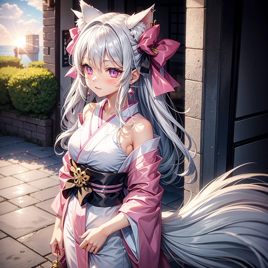 Silver hair, pink eyes, body, cat ears, sexy girl, earrings, cloud and sun background, hair bows, mitsuri, kimono