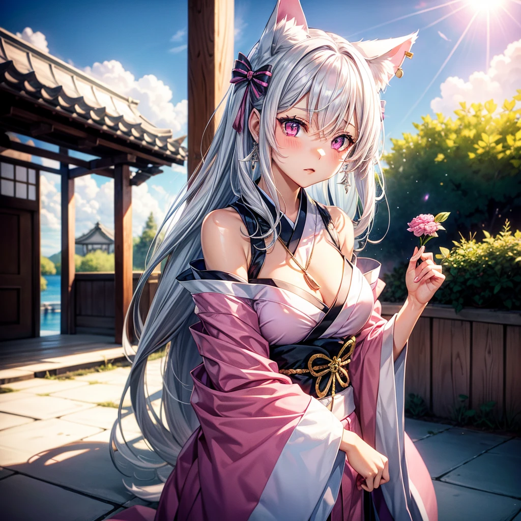 Silver hair, pink eyes, body, cat ears, sexy girl, earrings, cloud and sun background, hair bows, mitsuri, kimono