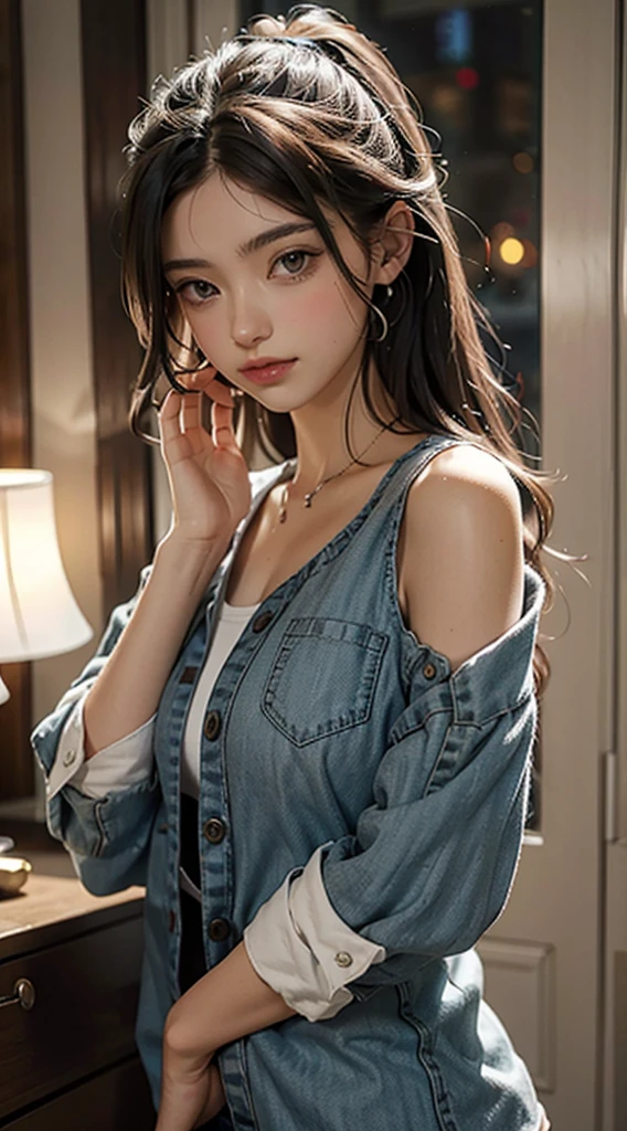 Meilleure qualité d'image, chef-d'œuvre, super haute résolution, (fidélité:1.4), photo, 1 fille, chemise blanche, jeans dechirer, des baskettes blanches, faible, obscurité, désespoir, pitié, pauvre, film, larmes, larmes, (vêtements déchirés:1.5), (vêtements mouillés:1.4), épaules nues, vraie pluie, cheveux humide,..